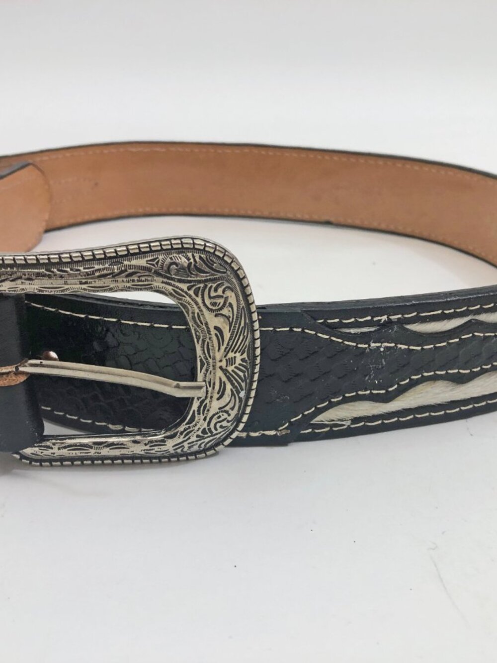 Leather Men's Women's Western Belt with Silvertone Buckle & Silvertone Accents